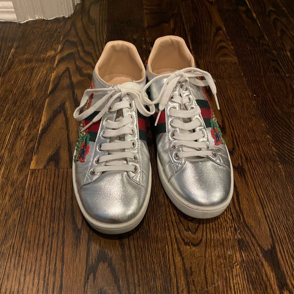 Gucci ace embroidered silver snake.